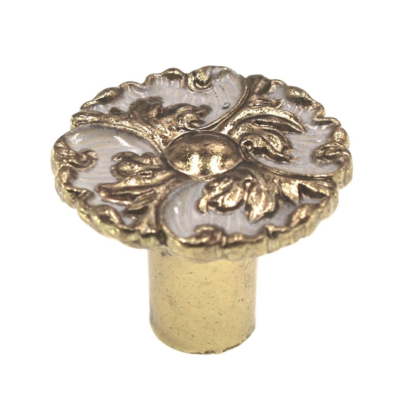 Vintage Ajax Polished Brass White 1 1/16 Provincial Cabinet Knob 992-BW