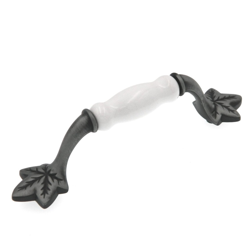 Hickory Country Satin Pewter Antique and White Porcelain 3 3/4cc Leaf Cabinet Pull P3032-SPAW