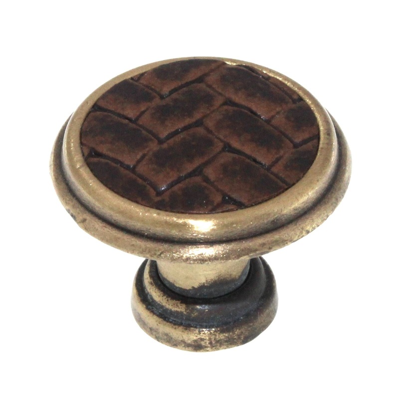 Laurey Churchill 1 1/8 Cabinet Knob Satin Brass Umber Brown Leather 12094
