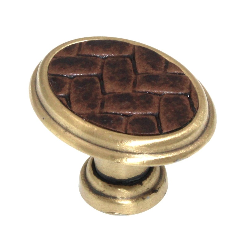 Laurey Churchill 1 5/8 Oval Cabinet Knob Satin Brass Umber Brown Leather 12194
