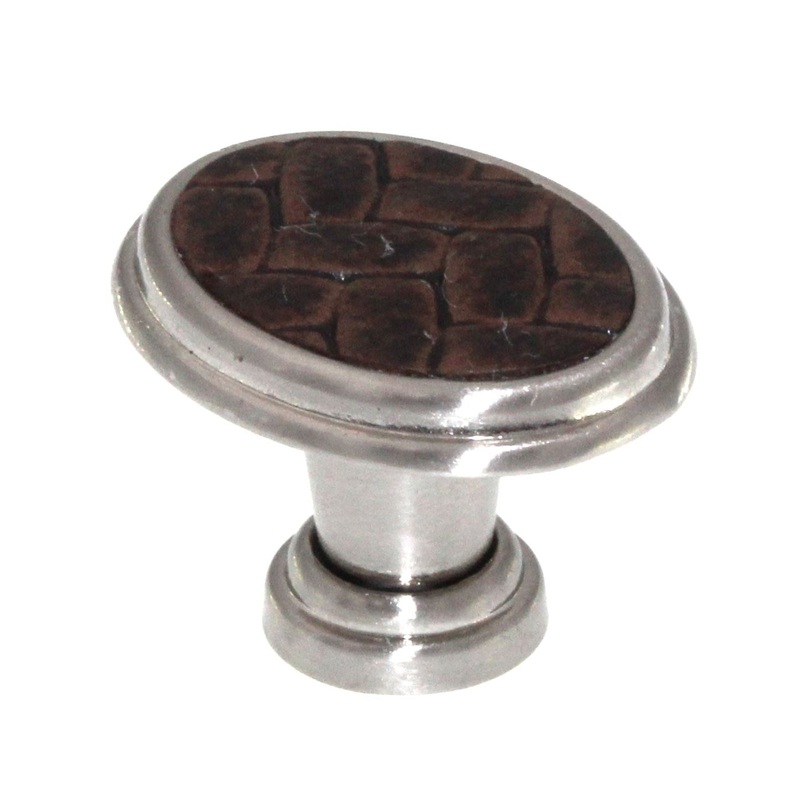 Laurey Churchill 1 5/8 Oval Cabinet Knob Satin Nickel Umber Brown Leather 12190
