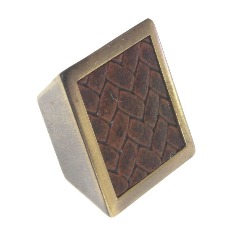 Laurey Churchill 1 5/8 Square Knob Satin Brass Umber Brown Leather 12294