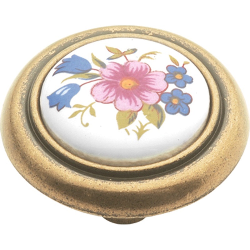 Hickory Hardware English Cozy Antique Brass & White Round Floral 1 1/4 Porcelain Cabinet Knob P776-BQ