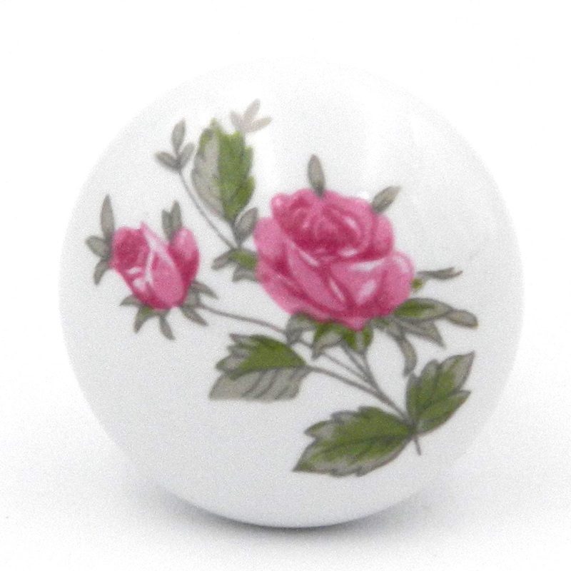 Hickory Hardware English Cozy White Porcelain & Pink Roses Round with Pink Rose 1 1/16 Porcelain Cabinet Knob P603-PR
