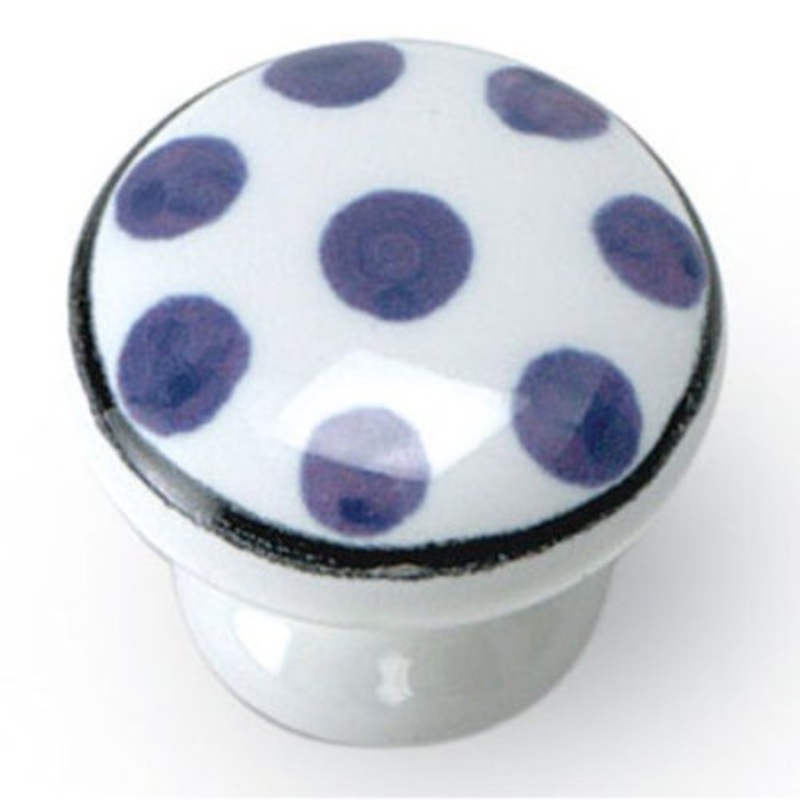 Laurey Montauk White & Blue Round Blue Dots 1 3/8 Porcelain Cabinet Knob 01673