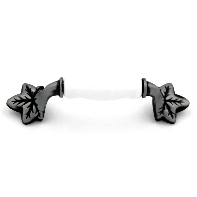 Hickory Country Satin Pewter Antique and White Porcelain 3cc Leaf Cabinet Pull P3034-SPAW