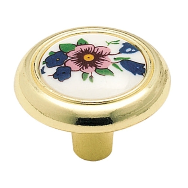 Amerock 244FWP 1 1/4 Polished Brass Cabinet Knob White Center With Flower