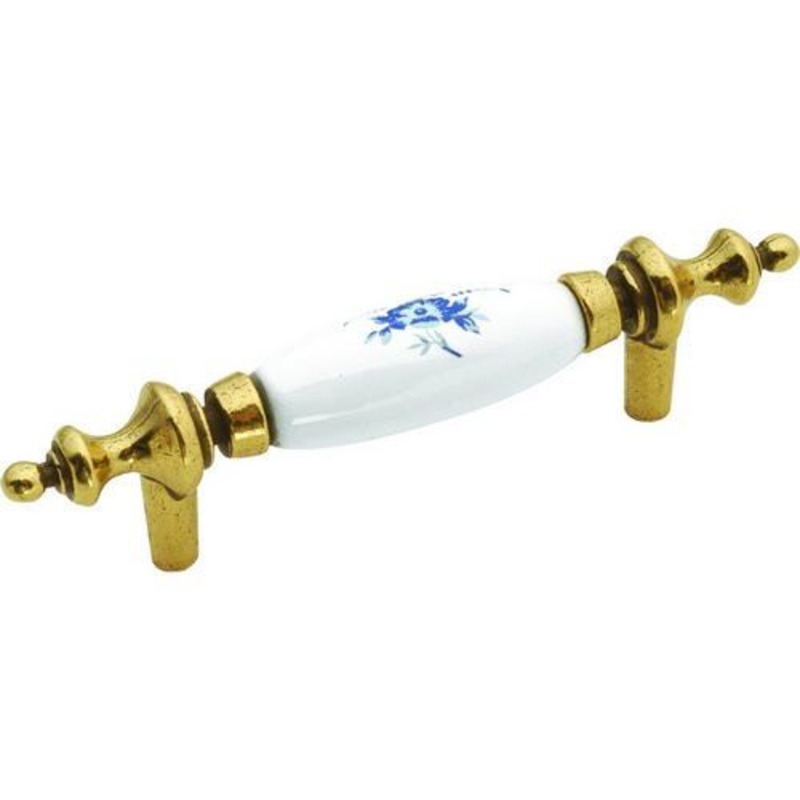 Hickory Hardware English Cozy White Porcelain with Blue Flowers 3 Brass Bar Pull P64-BF