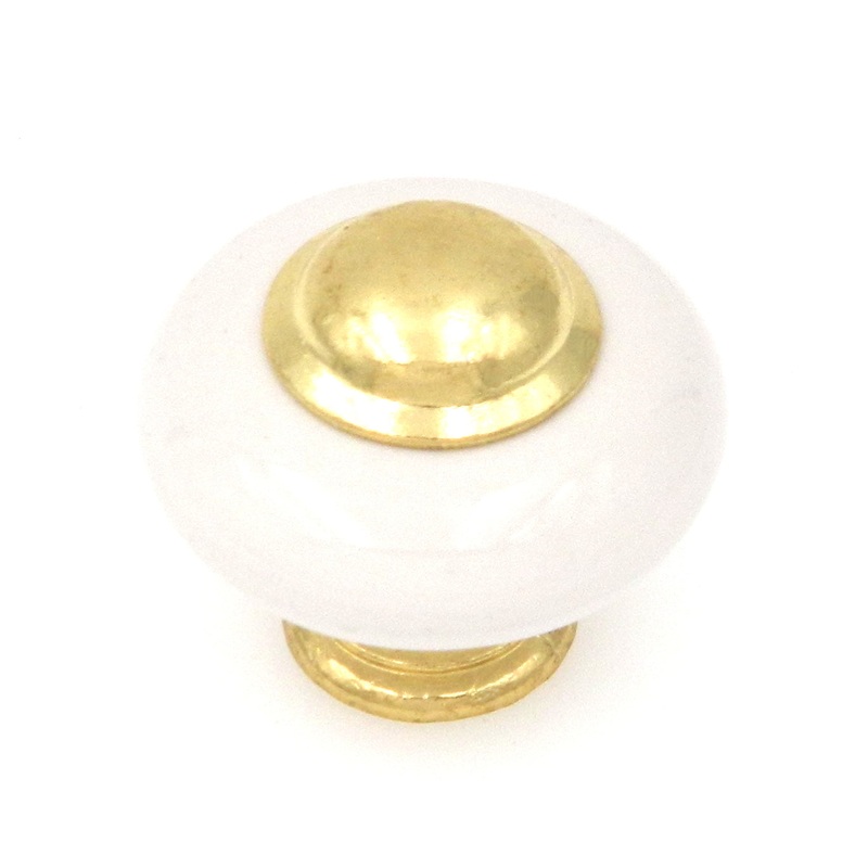 Belwith P722-UB White Porcelain 1 1/4 Cabinet Knob Pull with Ultra Brass Stem