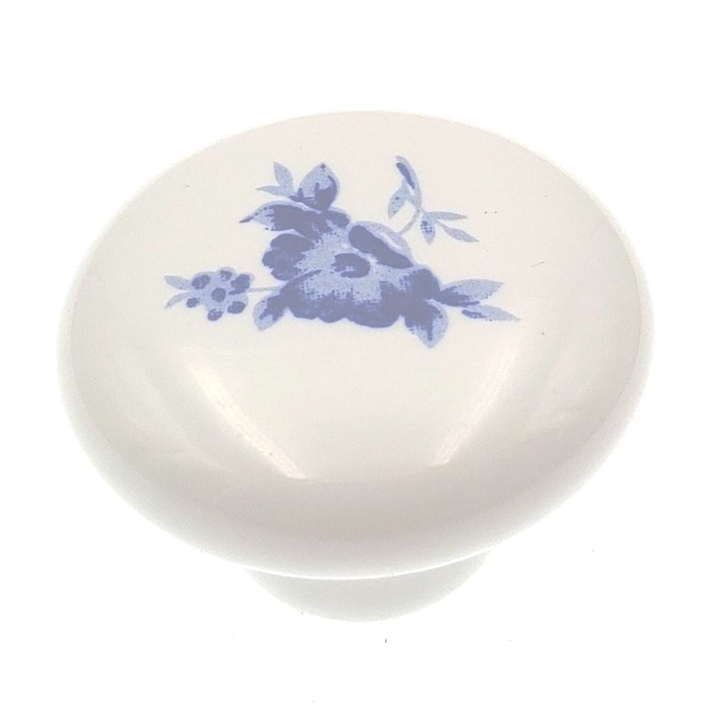 Hickory Belwith P28-BF 1 1/4 Round White Ceramic Cabinet Knob with Blue Flower