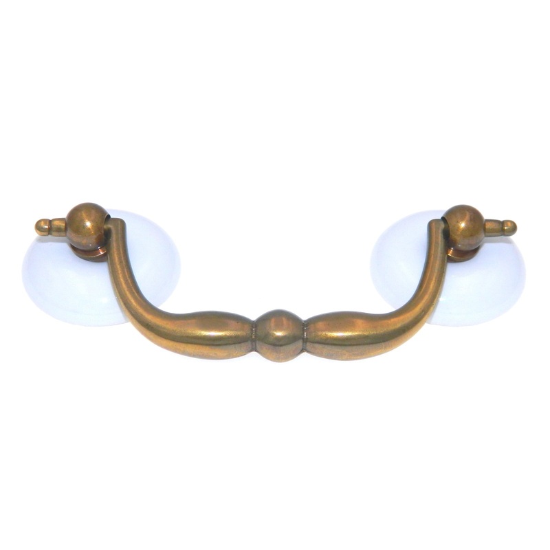 Keeler Solid Brass Antique Brass 3cc Furniture Drawer Bail Pull with White Porcelain Rosettes L45