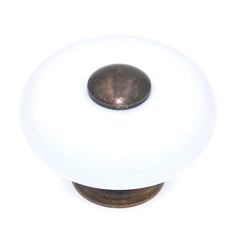 Keeler Solid Brass Antique Brass and White Porcelain 1 1/2 Round Cabinet Knob L40