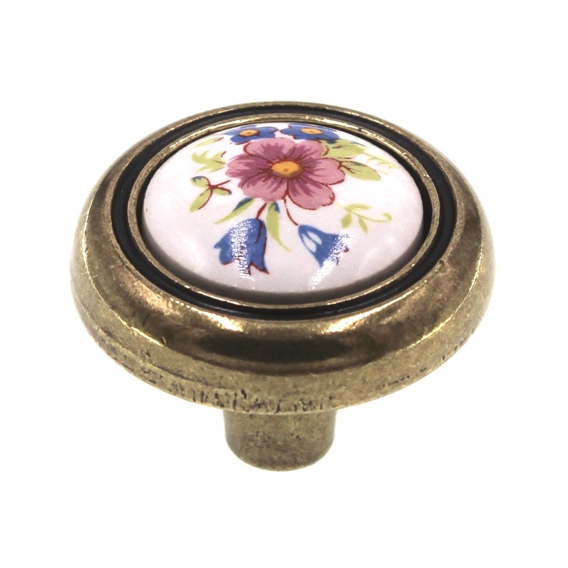 Amerock 1 1/4 Burnished Brass Round Floral Cabinet Knob Ceramic Center BP76244-FWB