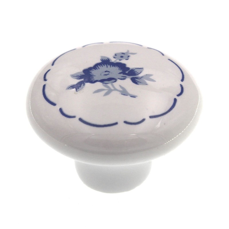 221DEL White with Blue Flower 1 1/2 Mushroom Cabinet Knob Pull Amerock Hardware