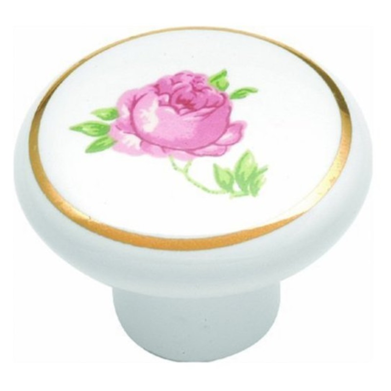 P24-R White Porcelain 1 1/4 Cabinet Knob Pull, Rose Center Belwith