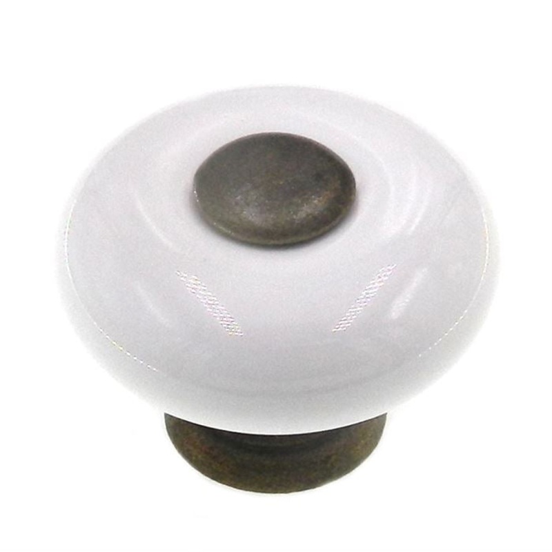 Amerock Allison Antique Brass White Ceramic 1 1/4 Round Cabinet Knob 879ABS