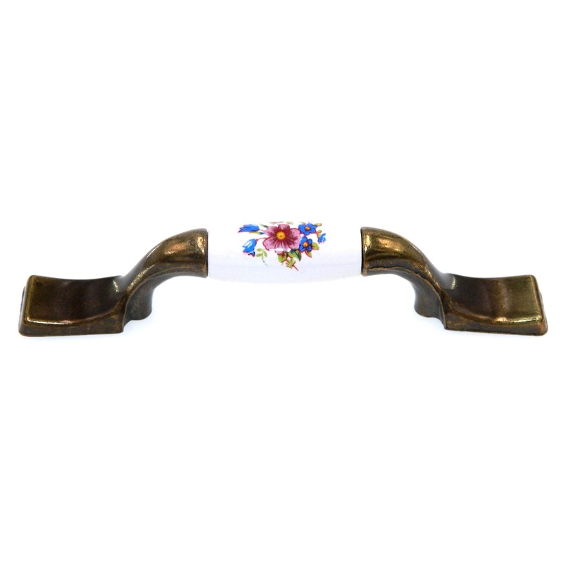 Vintage National Lock 3 CTC Brass Cabinet Pull White Flower Center 6240-FWB