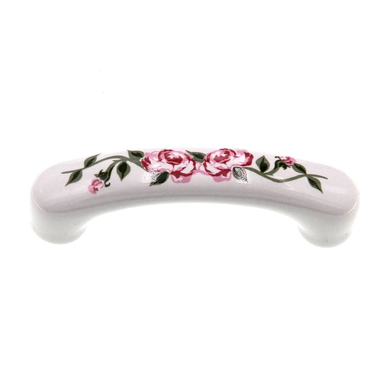 Amerock Ceramics Porcelain White With Pink Rose 3 Ctr. Cabinet Handle BP937-CW5