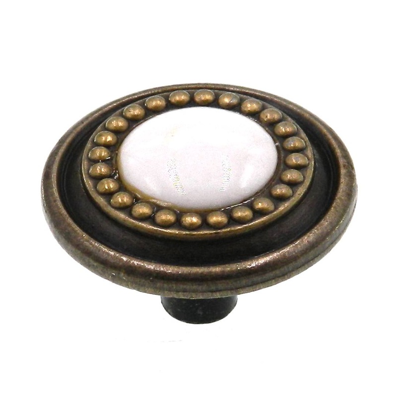 Belwith Cavalier 1 1/4 Antique Brass Cabinet Knob White Porcelain Center P953-W