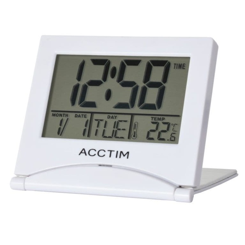 Acctim Mini Flip II Travel LCD Alarm Clock – White