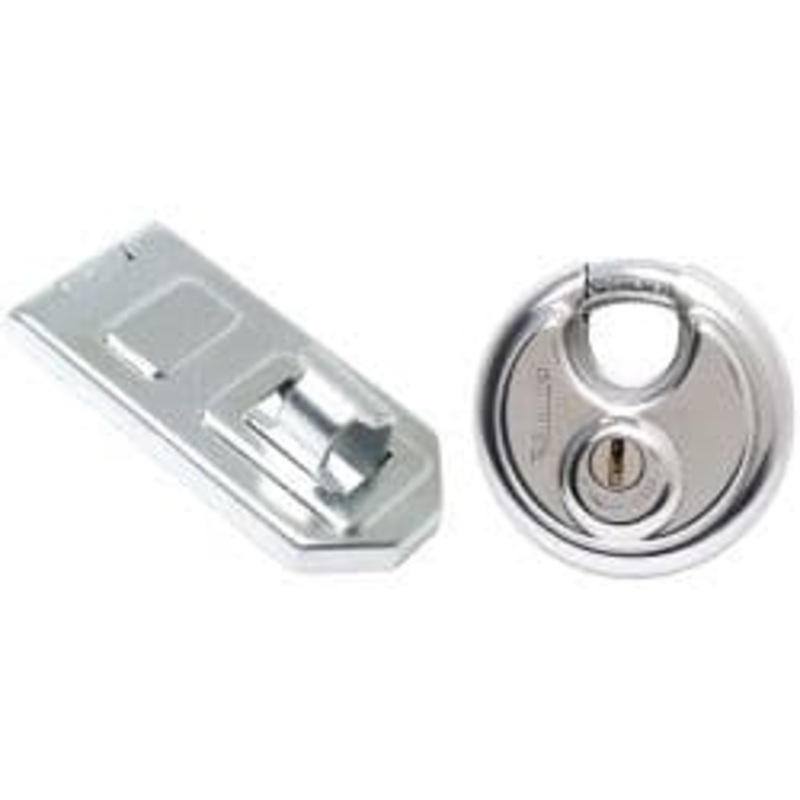 Sterling Heavy Security Disc Padlock & 120mm Disc Padlock Specific Hasp & Staple Solution Pack – 70mm