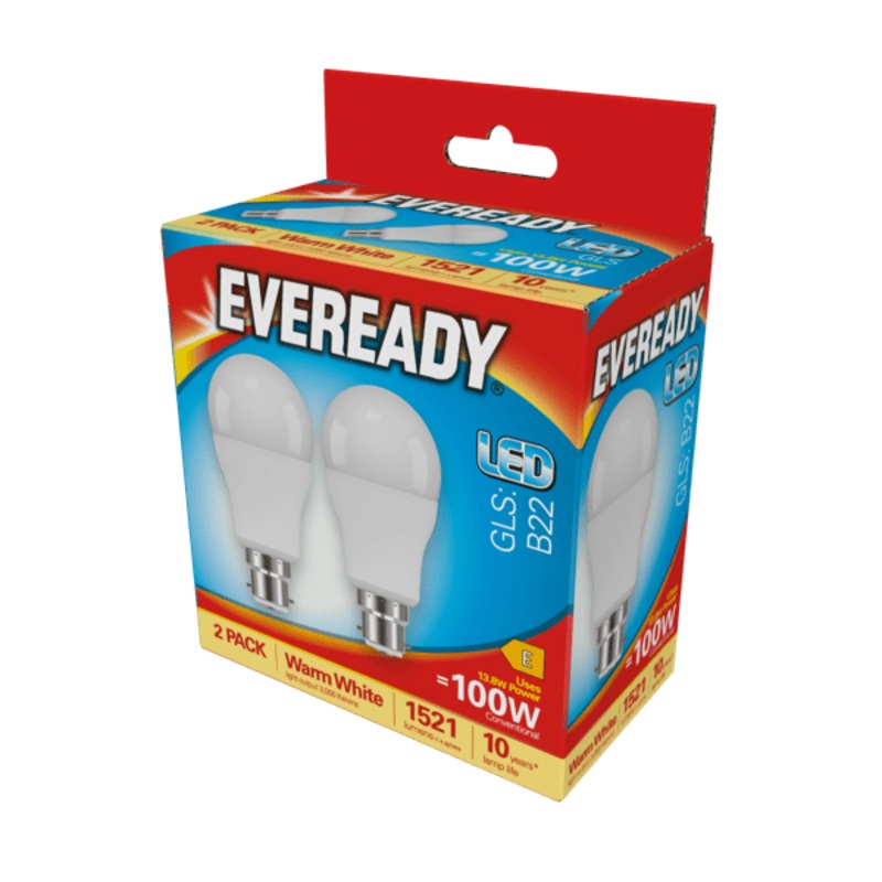 Eveready LED GLS BC B22 3000k Warm White Pack 2 – 1521lm