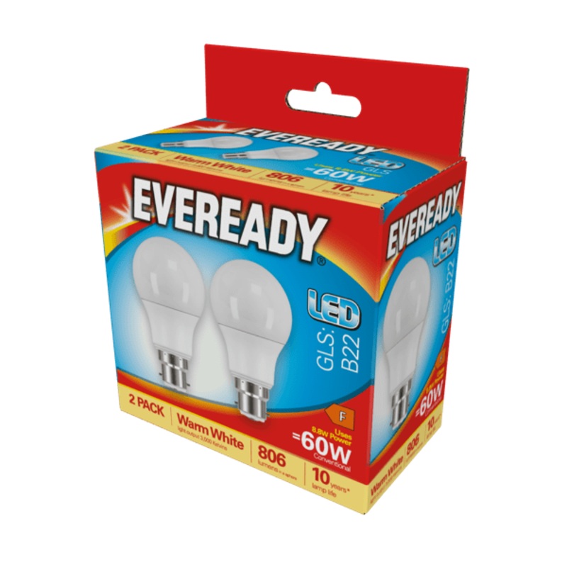 Eveready LED GLS BC B22 3000k Warm White Pack 2 – 8.8w