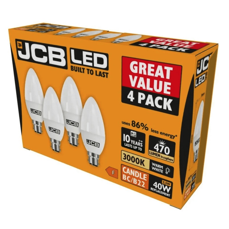JCB Candle BC 3000k B22 Warm White – 6w Pack 4