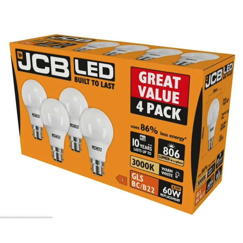 JCB GLS BC B22 3000k Warm White – 9w Pack 4