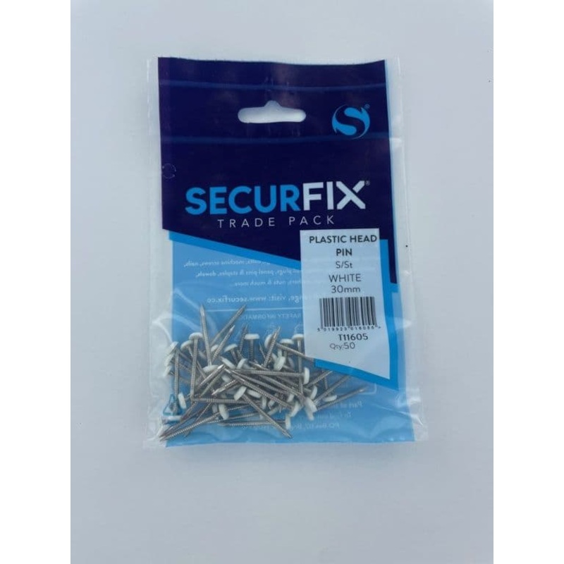 Securfix Stainless Steel Plastic Headed Pin White 30mm – 50 Pack