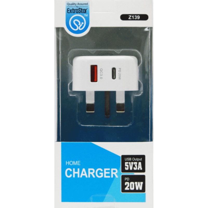 Extrastar USB + Type C Home Plug Charger – White