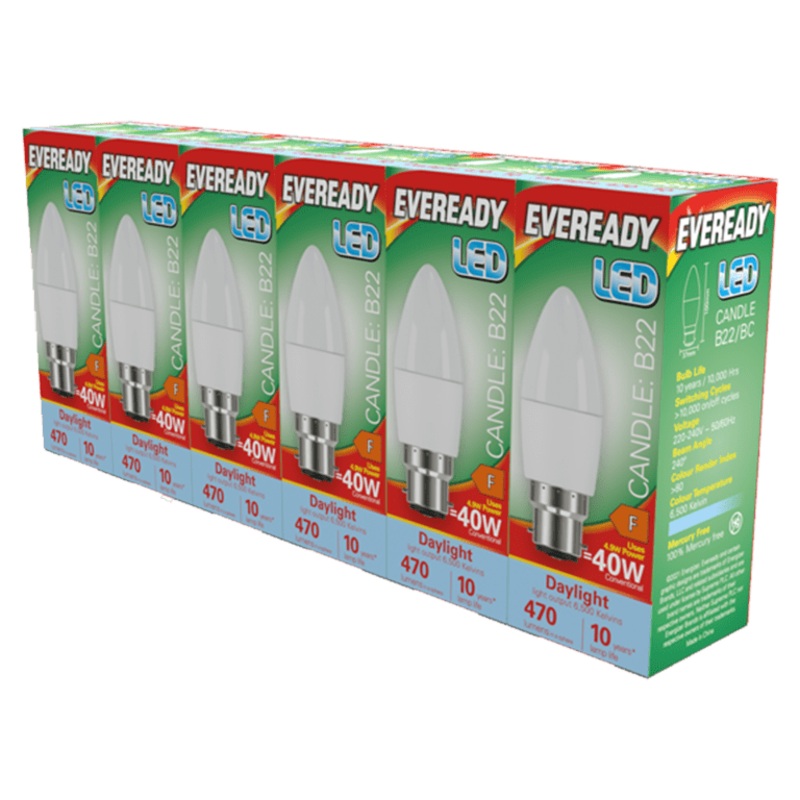 Eveready LED BC Candle B22 Pack 6 – 6500k/470lm