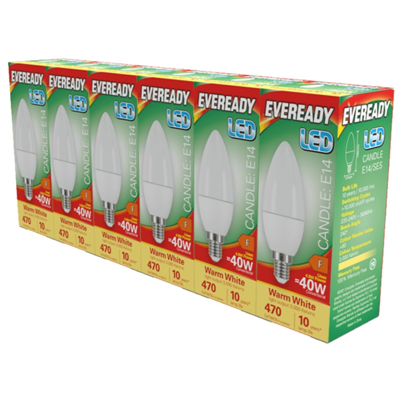 Eveready LED SES Candle E14 Pack 6 – 3000k/470lm