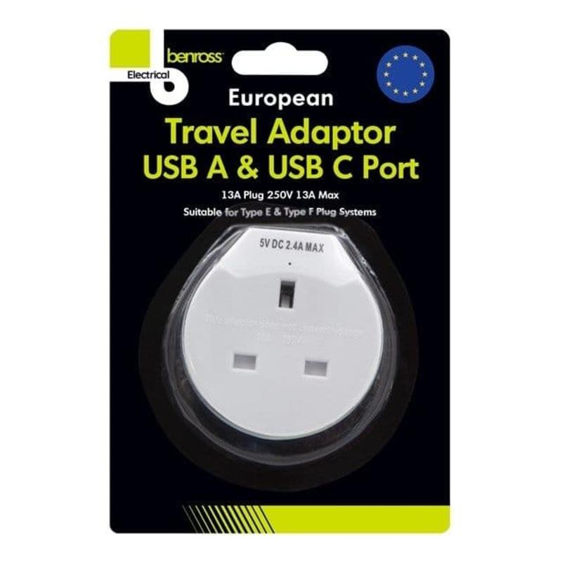 Benross 1 Way European Travel Adaptor – 1 x USB-A and 1 x USB-C