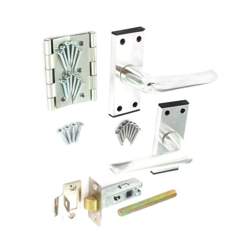 Securit Aluminium Internal Door Handle Pack – 63mm Mortice Latch – 2 x 75mm Steel Butt Hinges
