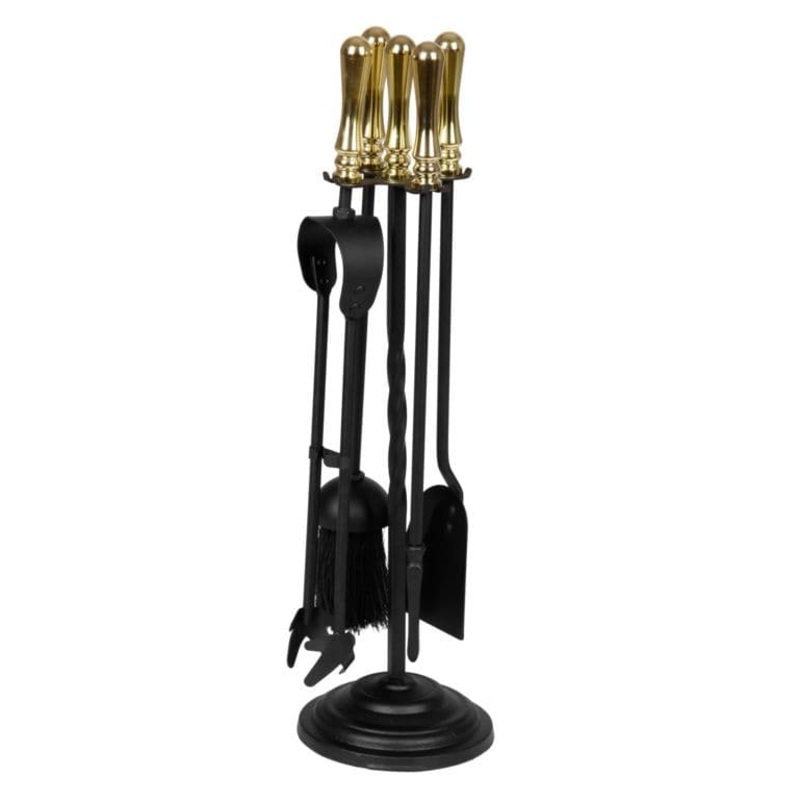 Hearth & Home Black Companion Set With Round Base / Brass Handles 5 Piece – 19