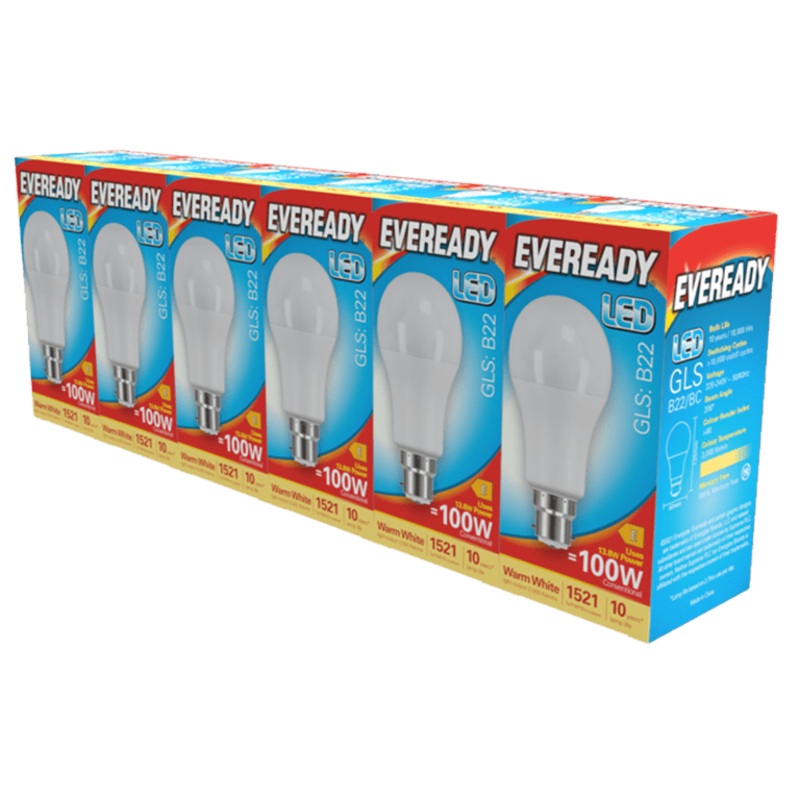 Eveready LED GLS BC B22 Pack 6 – 3000k/1521lm