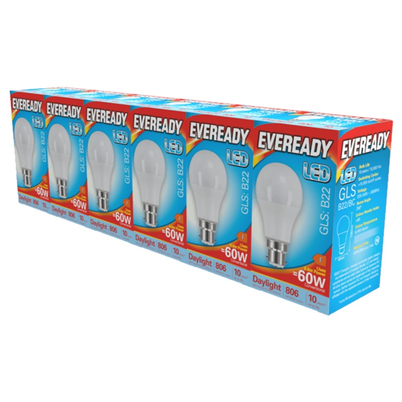 Eveready LED GLS BC B22 Pack 6 – 6500k/806lm