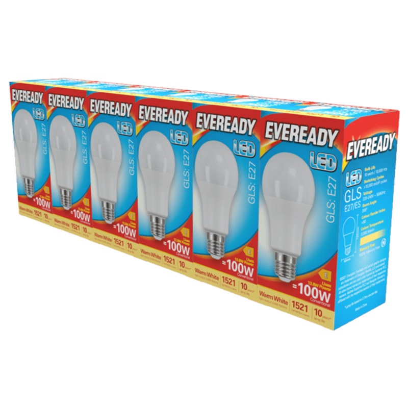 Eveready LED GLS ES E27 Pack 6 – 3000k/1521lm