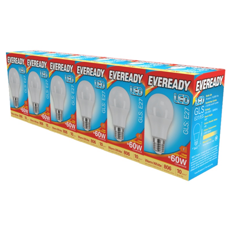 Eveready LED GLS ES E27 Pack 6 – 3000k/806lm