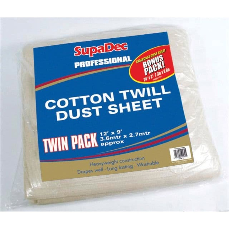 SupaDec Pro Cotton Twill Dust Sheets Twin Pack – 12′ x 9′ (3.6m x 2.7m) approx