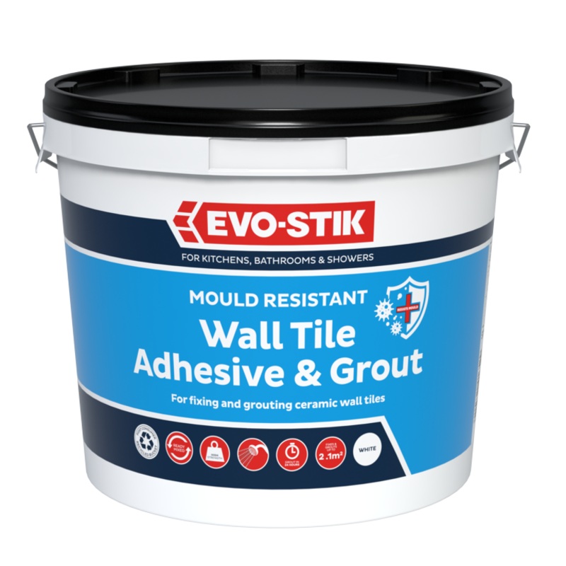 Evo-Stik Tile A Wall Waterproof Adhesive & Grout for Ceramic & Mosaic Tiles – White – 2.5L