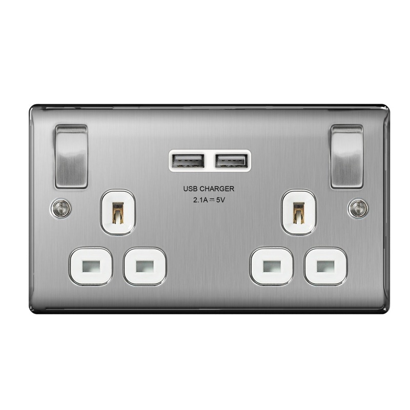 BG 13a 2 Gang Switch Socket & USB – Brushed Steel With White Inserts
