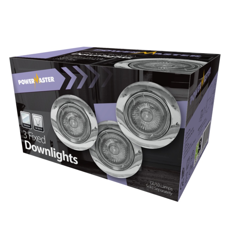 Powermaster 3 Pack Fixed GU10 Downlights – Chrome