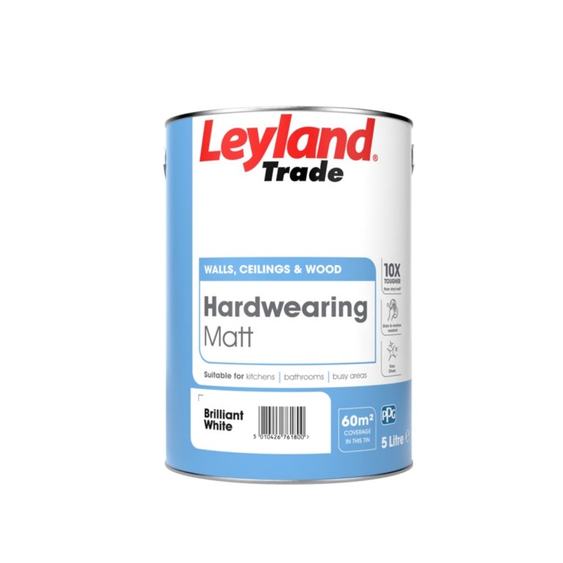 Leyland Trade Hardwearing Matt – 5L Brilliant White