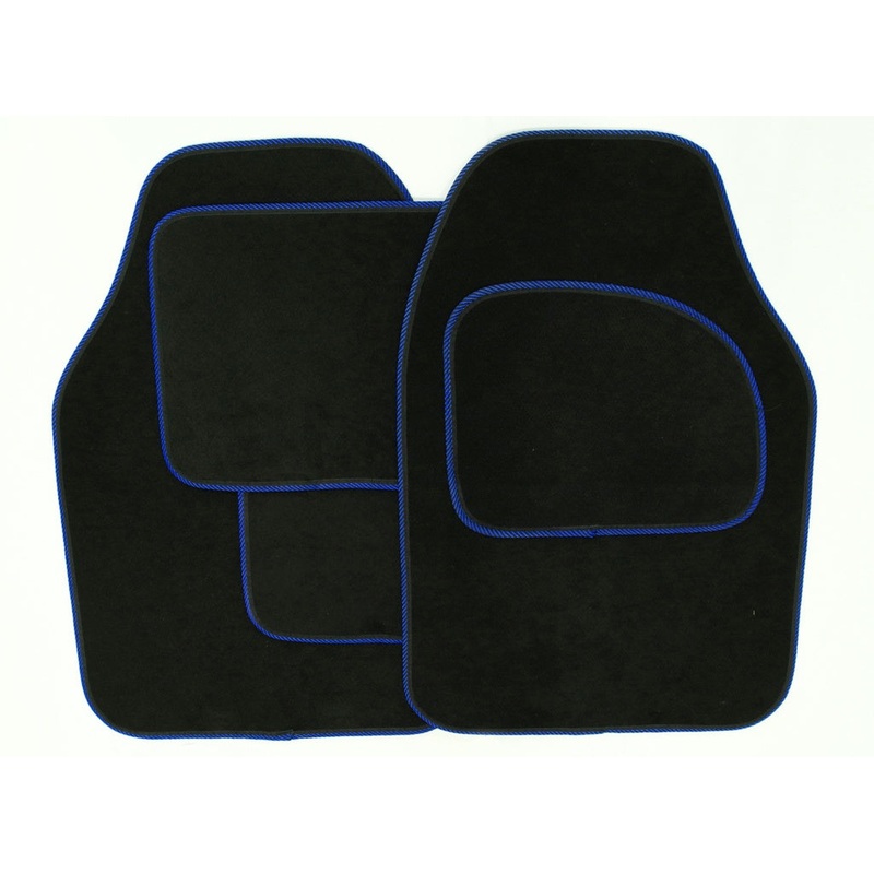 Streetwize Velour Carpet Mat Sets with Coloured Binding – 4 Piece – Black With Blue Piping