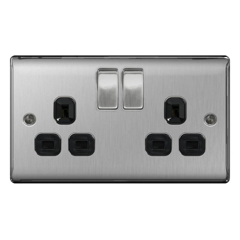 BG 13a 2 Gang Switch Socket – Brushed Steel With Black Inserts