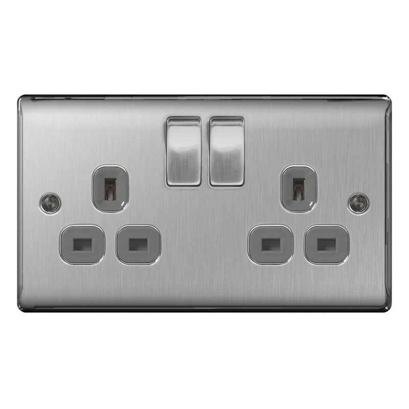 BG 13a 2 Gang Switch Socket – Brushed Steel With Grey Inserts