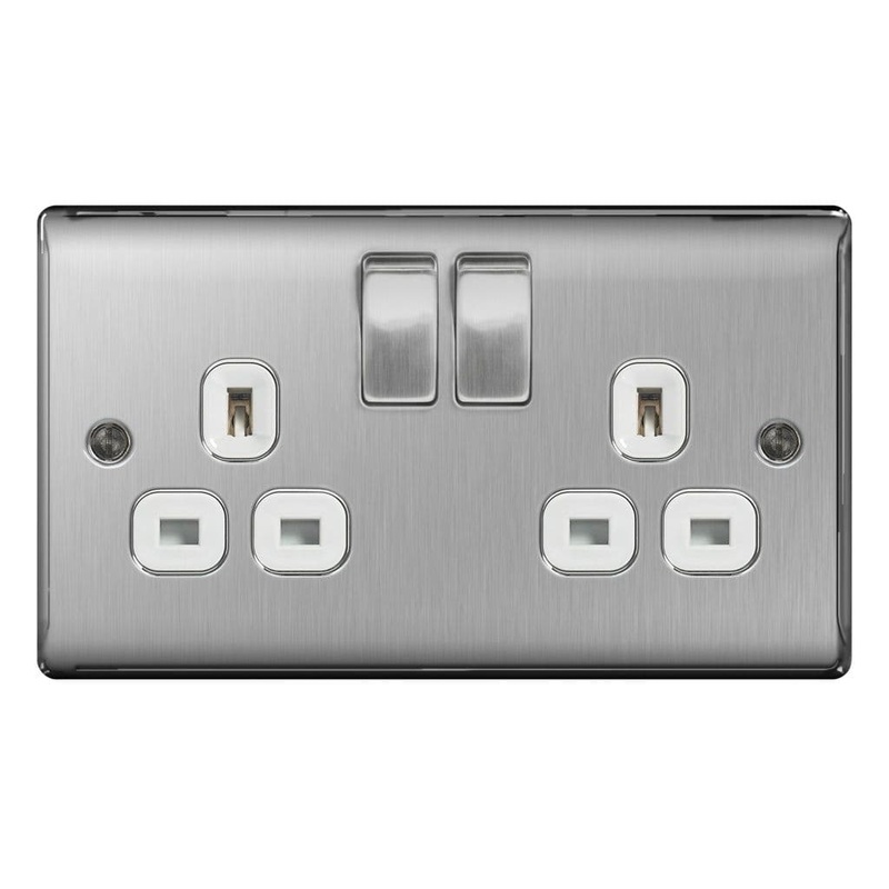 BG 13a 2 Gang Switch Socket – Brushed Steel With White Inserts