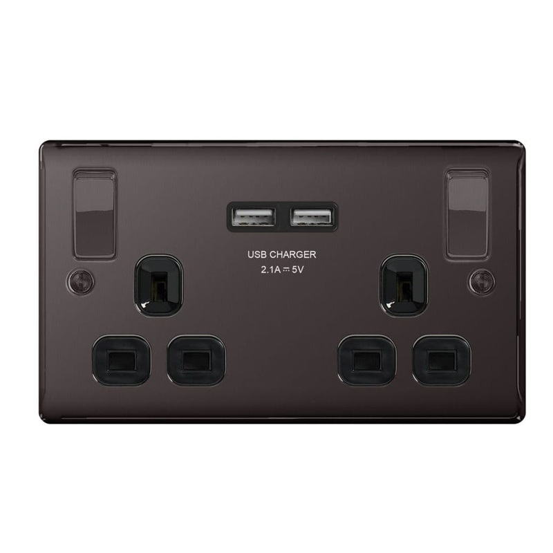 BG 13a 2 Gang Switch Socket & USB – Black Nickel With Black Inserts